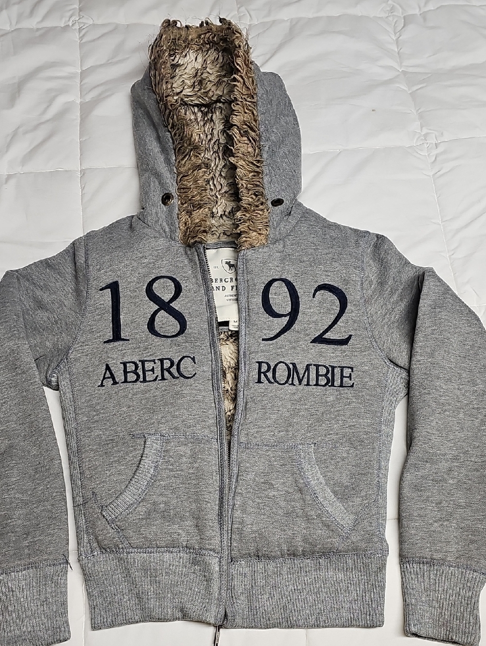 Abercrombie & Fitch Grey Hooded Sherpa-Lined Zip Sweatshirt